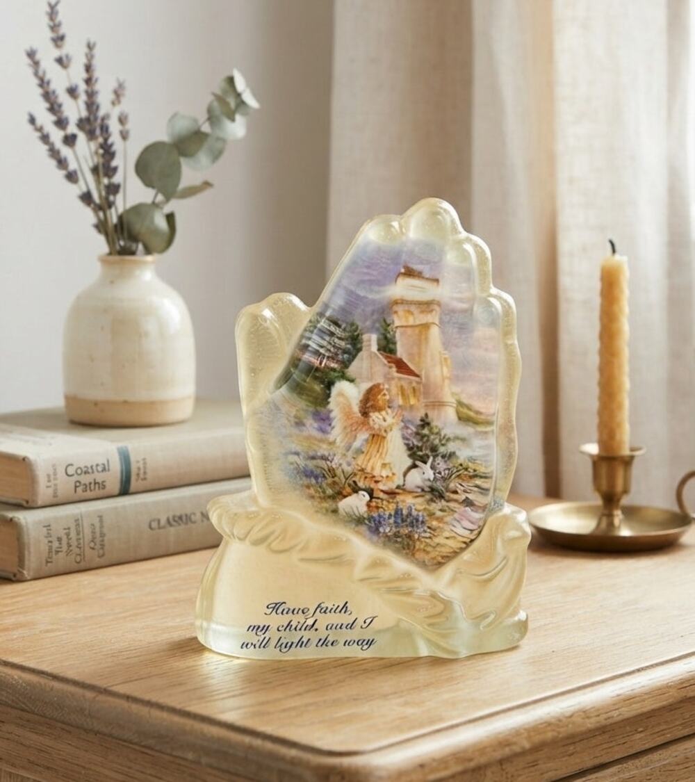 In God's Light Praying Hands Figurine Numbered Resin Vintage Spiritual Decor